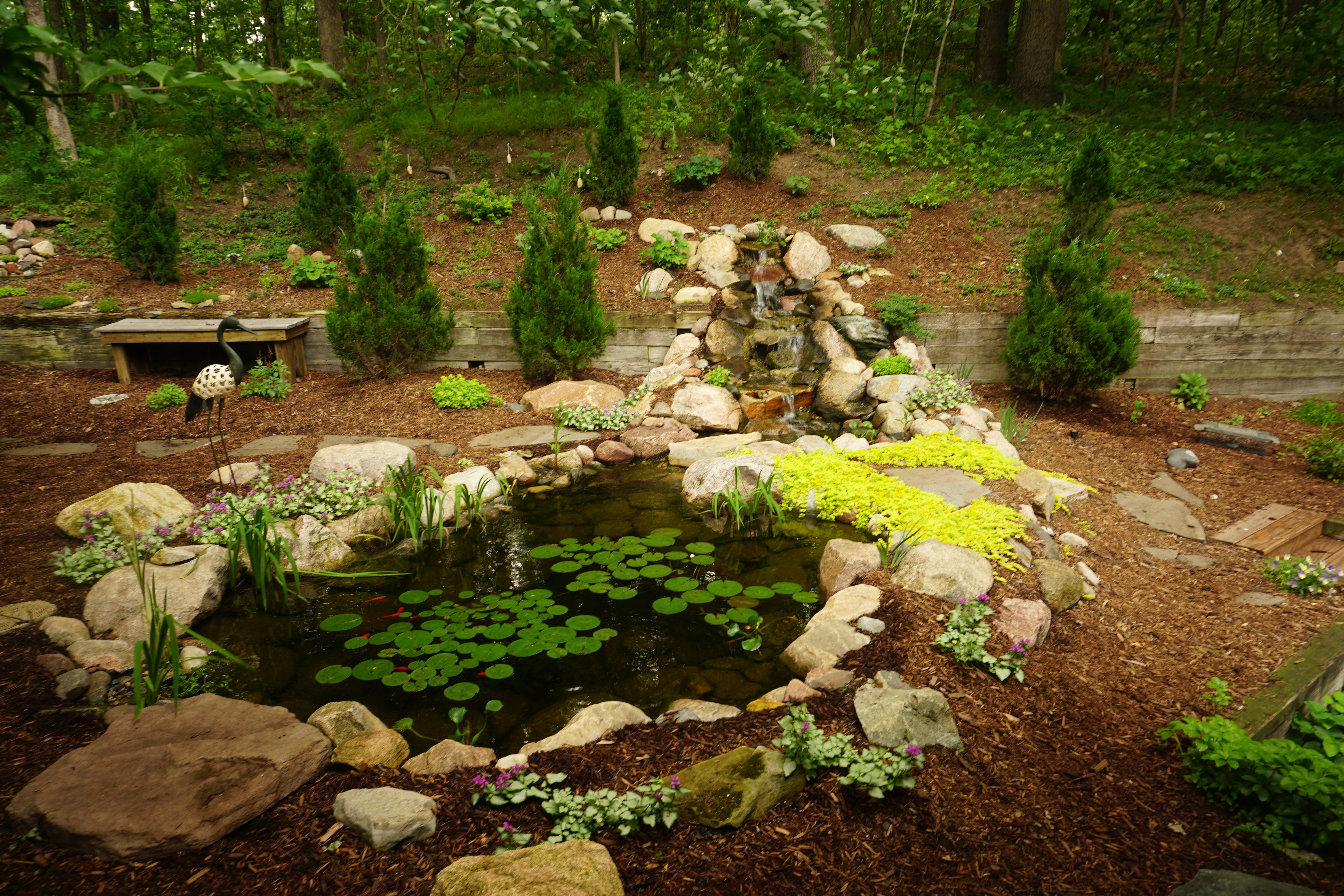 Pond with Retaining Wall Waterfall